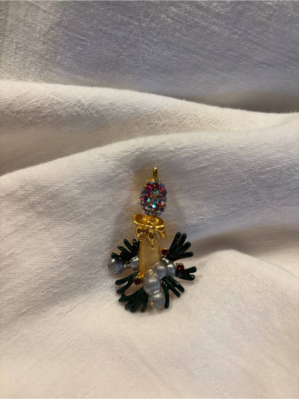 Vintage Gold Tone Multicolor Holiday Candle Pin Brooch - Women Jewelry
